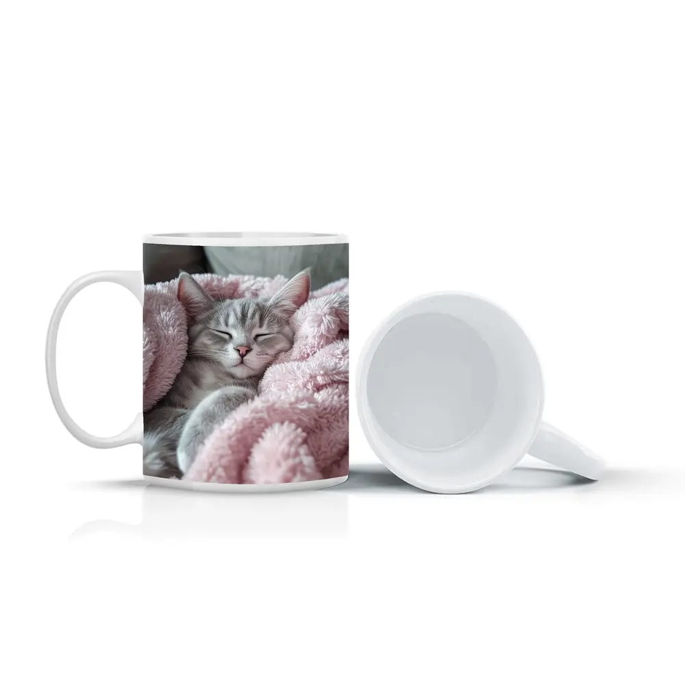 Sleeping Gray Kitten Wrapped Pink Fluffy Blanket – Mugs