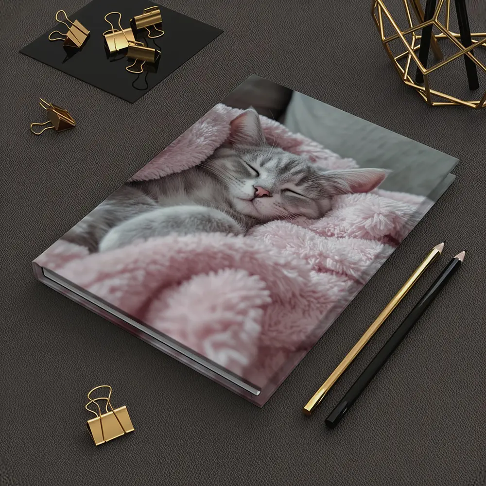 Sleeping Gray Kitten Wrapped Pink Fluffy Blanket – Notebooks