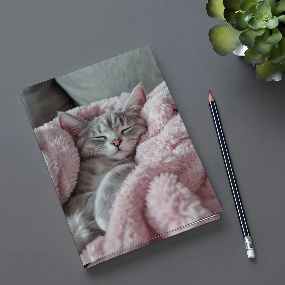 Sleeping Gray Kitten Wrapped Pink Fluffy Blanket – Notebooks