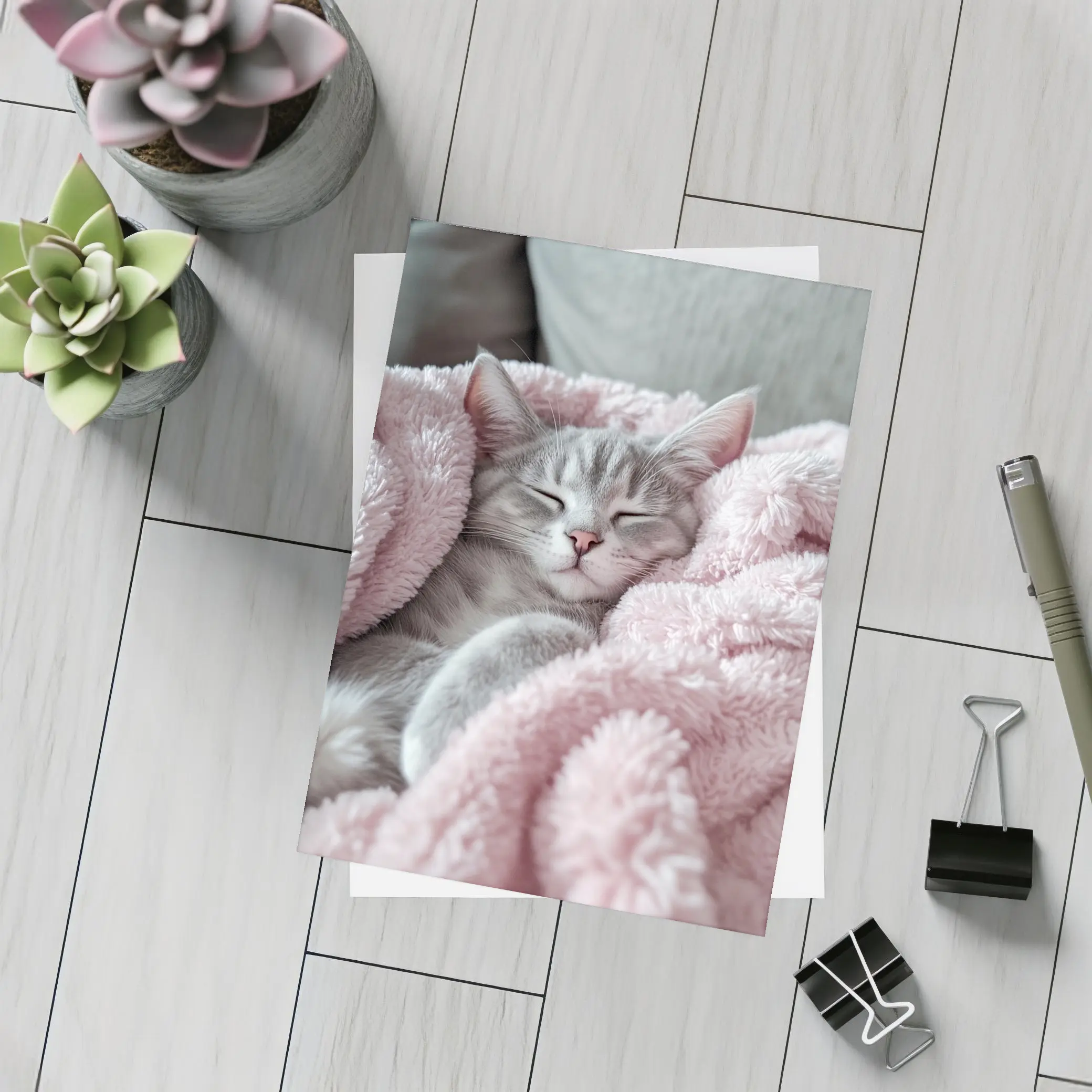 Sleeping Gray Kitten Wrapped Pink Fluffy Blanket – Postcards