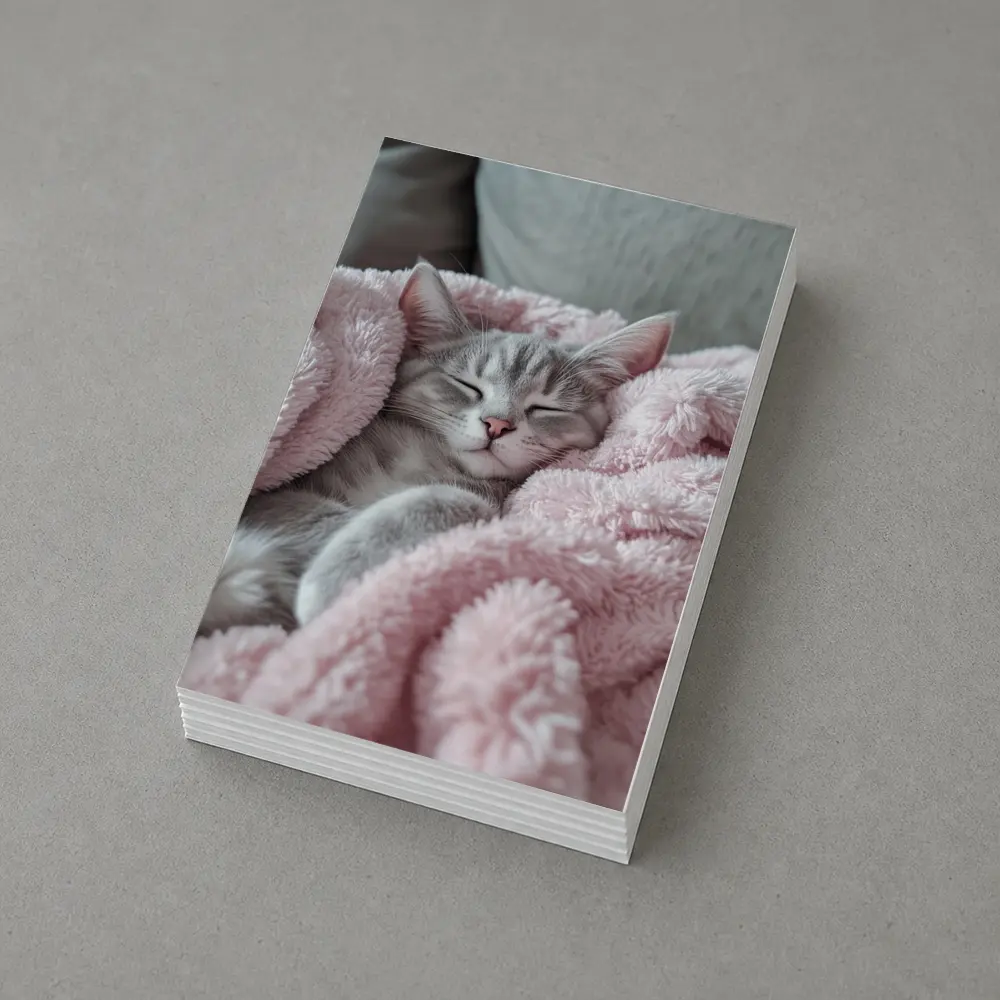 Sleeping Gray Kitten Wrapped Pink Fluffy Blanket – Postcards