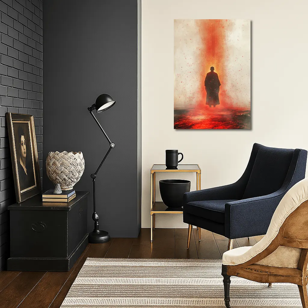 Lone Figure Standing In Red Fiery Mist – Wall Art
