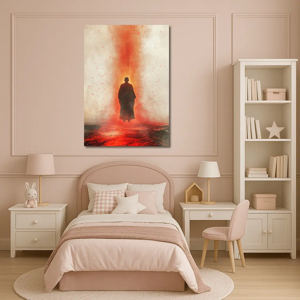 Lone Figure Standing In Red Fiery Mist – Wall Art