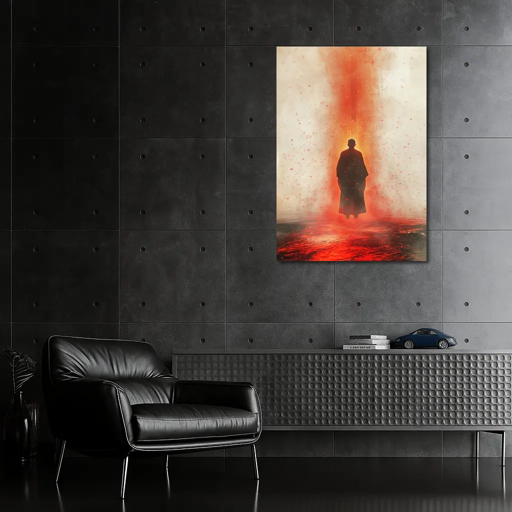 Lone Figure Standing In Red Fiery Mist – Wall Art
