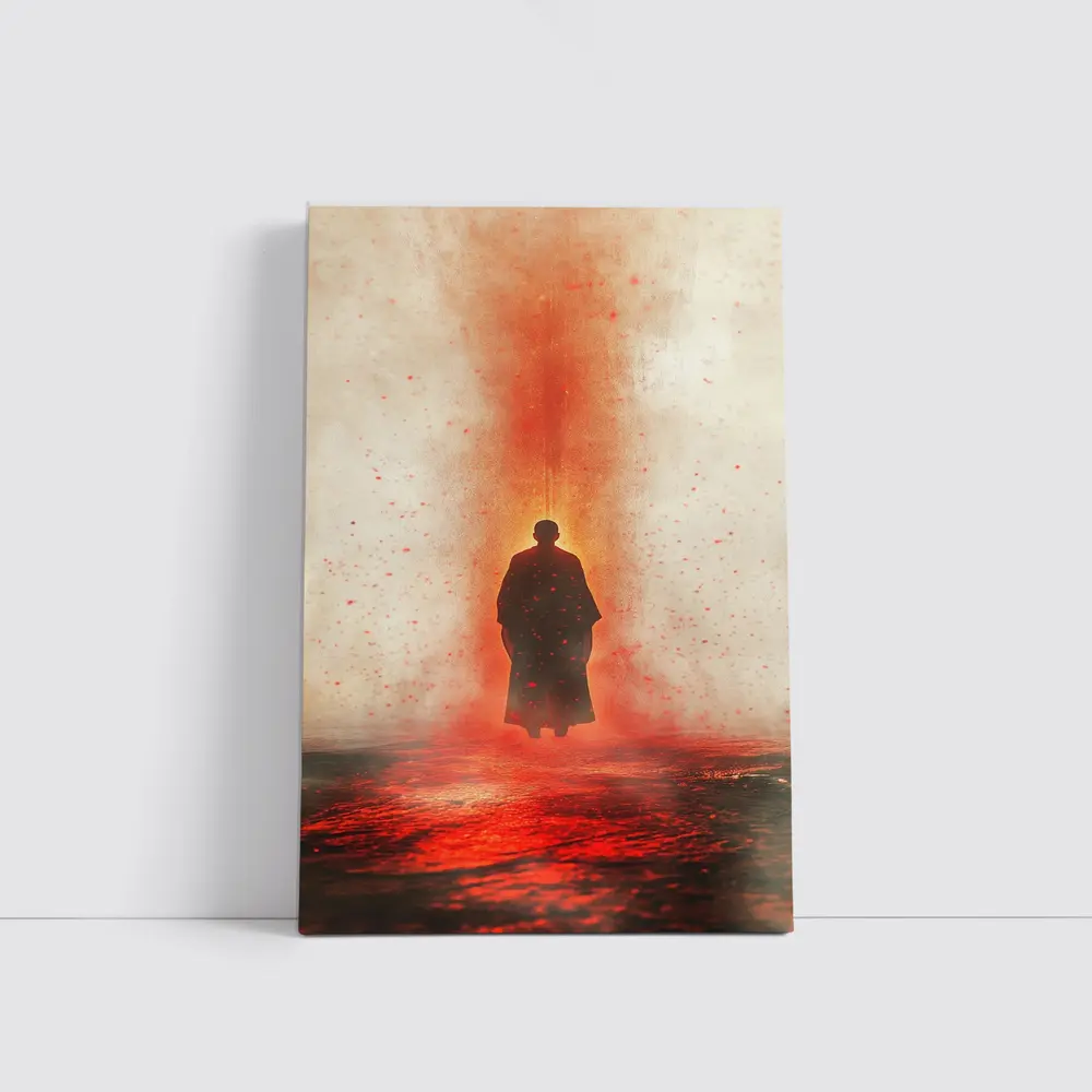 Lone Figure Standing In Red Fiery Mist – Wall Art