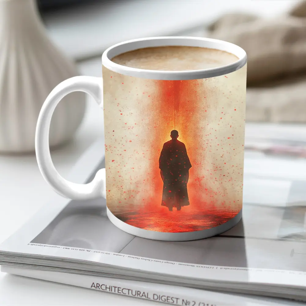 Lone Figure Standing In Red Fiery Mist – Mugs
