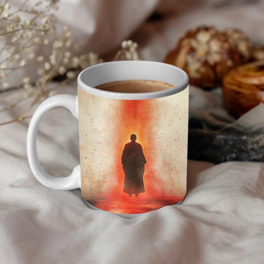 Lone Figure Standing In Red Fiery Mist – Mugs