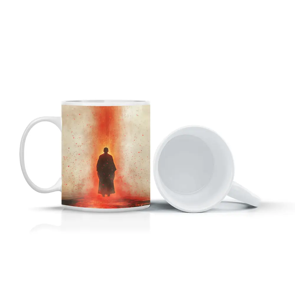 Lone Figure Standing In Red Fiery Mist – Mugs