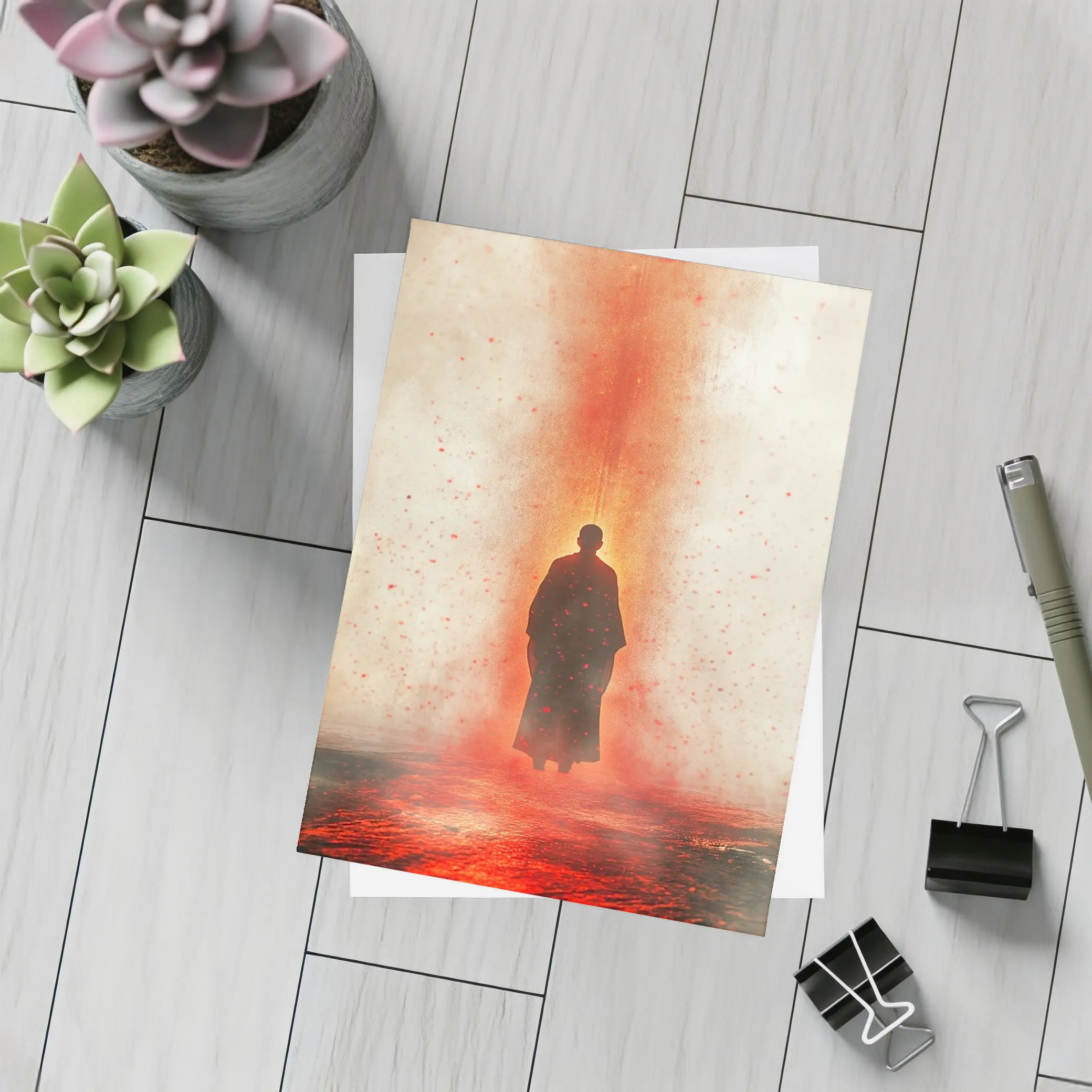 Lone Figure Standing In Red Fiery Mist – Postcards