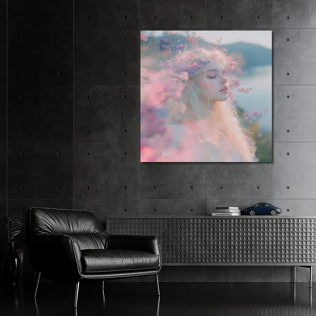 Dreamy Woman Pink Flowers Soft Portrait – Wall Art