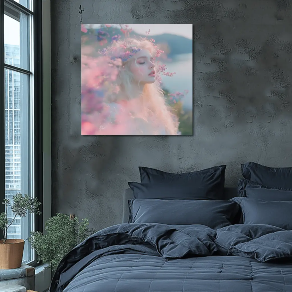 Dreamy Woman Pink Flowers Soft Portrait – Wall Art