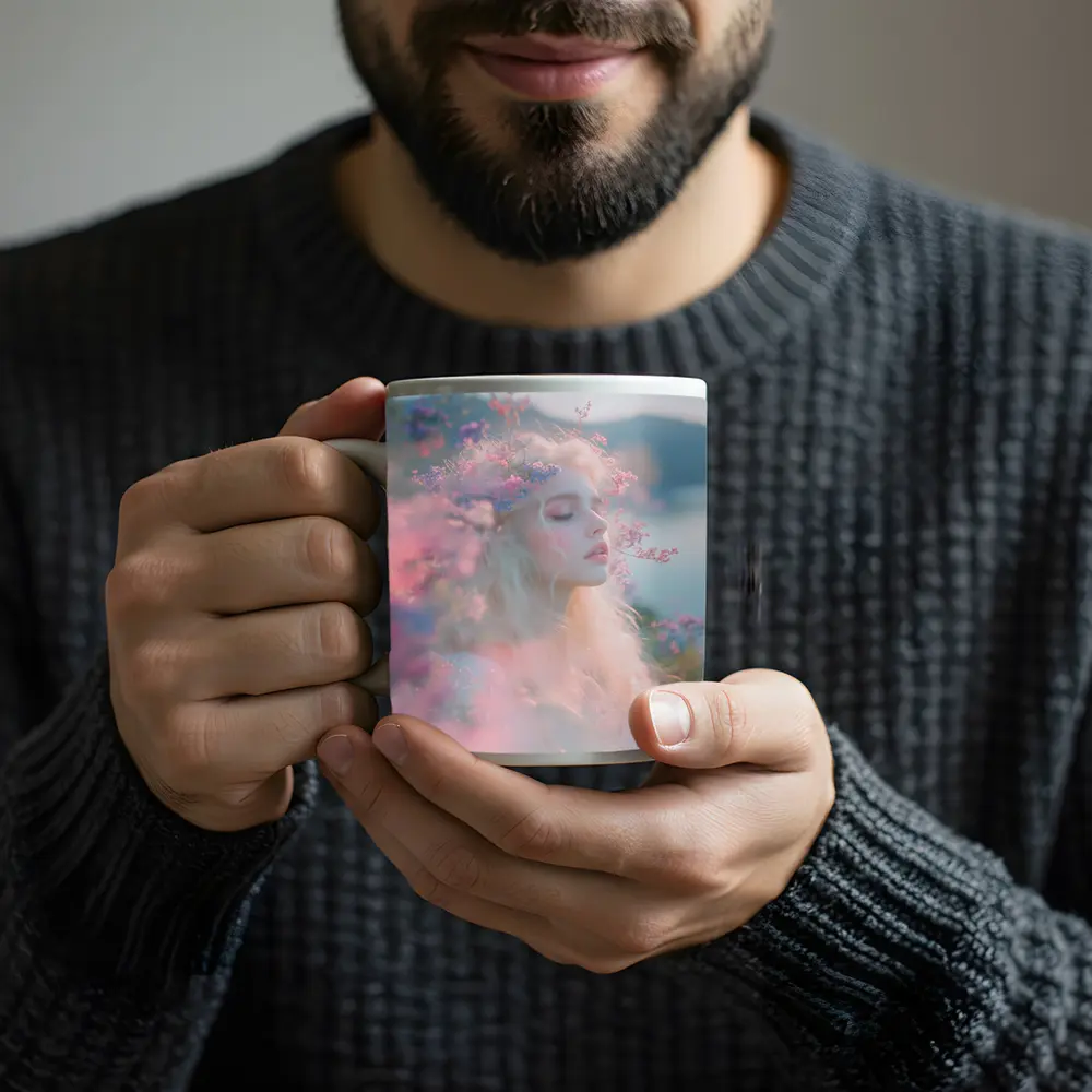 Dreamy Woman Pink Flowers Soft Portrait – Mugs
