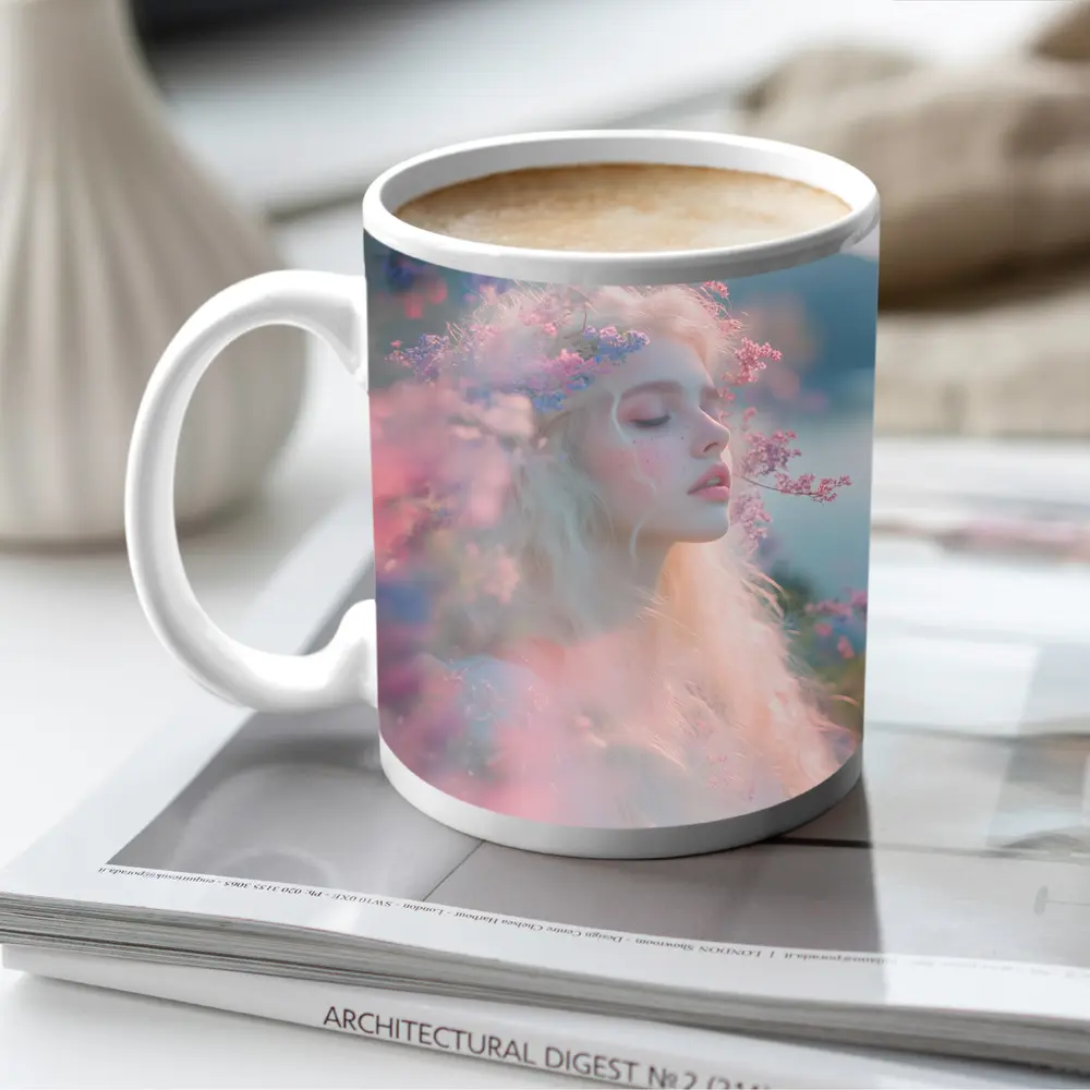 Dreamy Woman Pink Flowers Soft Portrait – Mugs