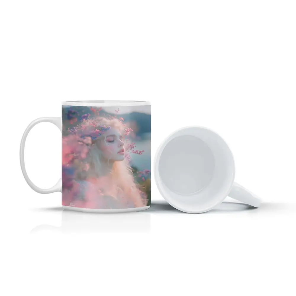 Dreamy Woman Pink Flowers Soft Portrait – Mugs