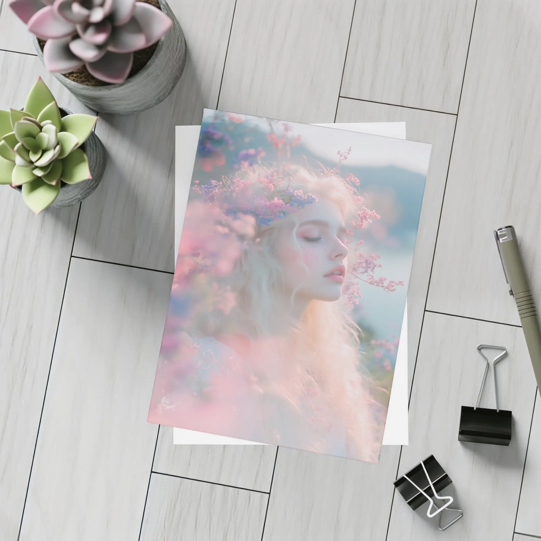 Dreamy Woman Pink Flowers Soft Portrait – Postcards
