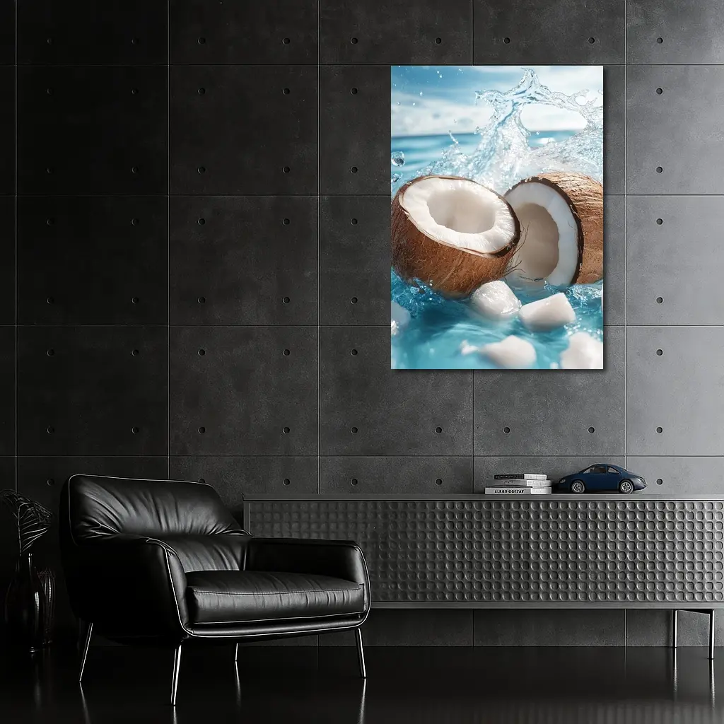 Fresh Coconut Halves Splashing Blue Water – Wall Art