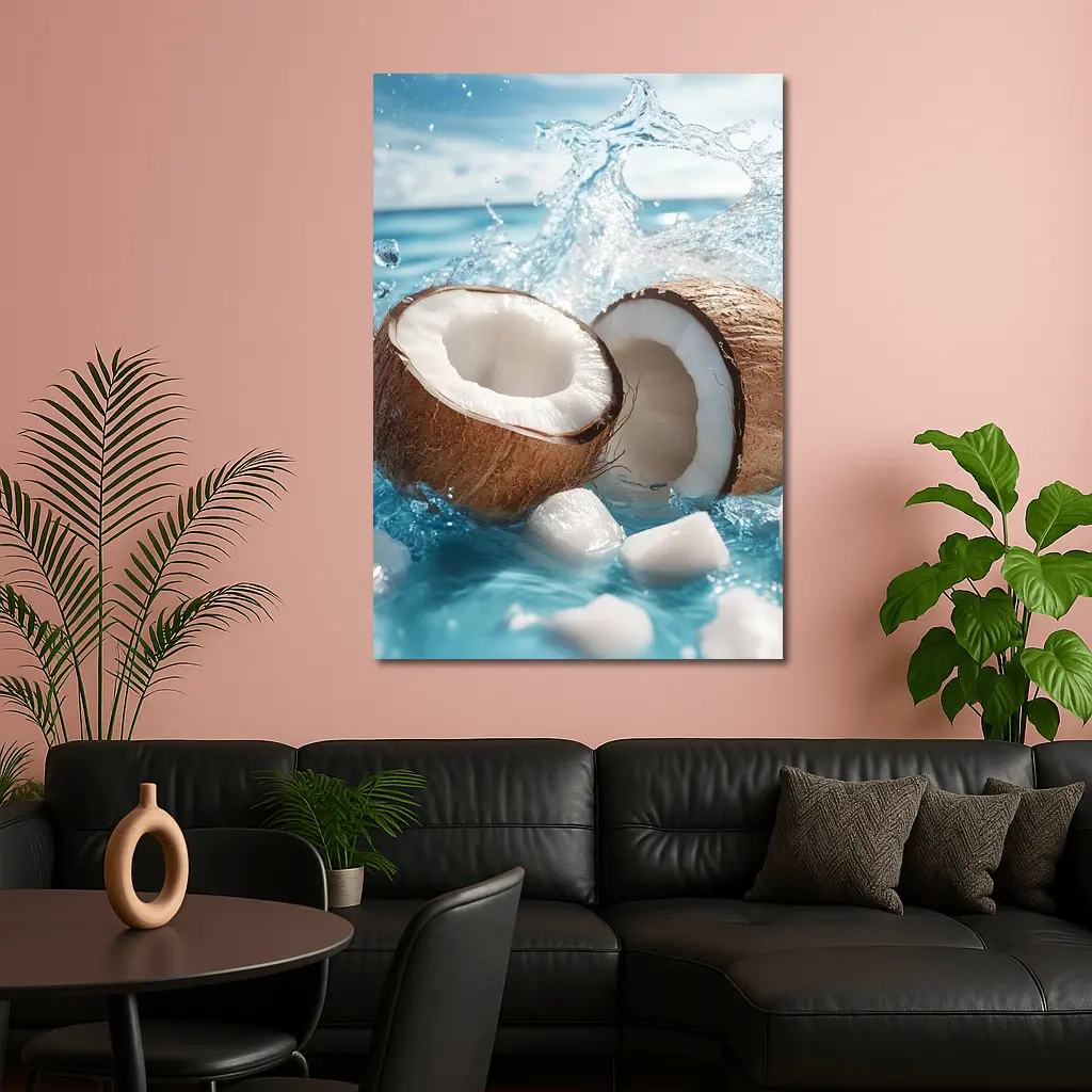 Fresh Coconut Halves Splashing Blue Water – Wall Art