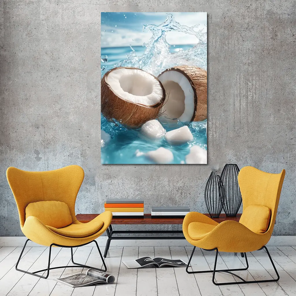 Fresh Coconut Halves Splashing Blue Water – Wall Art