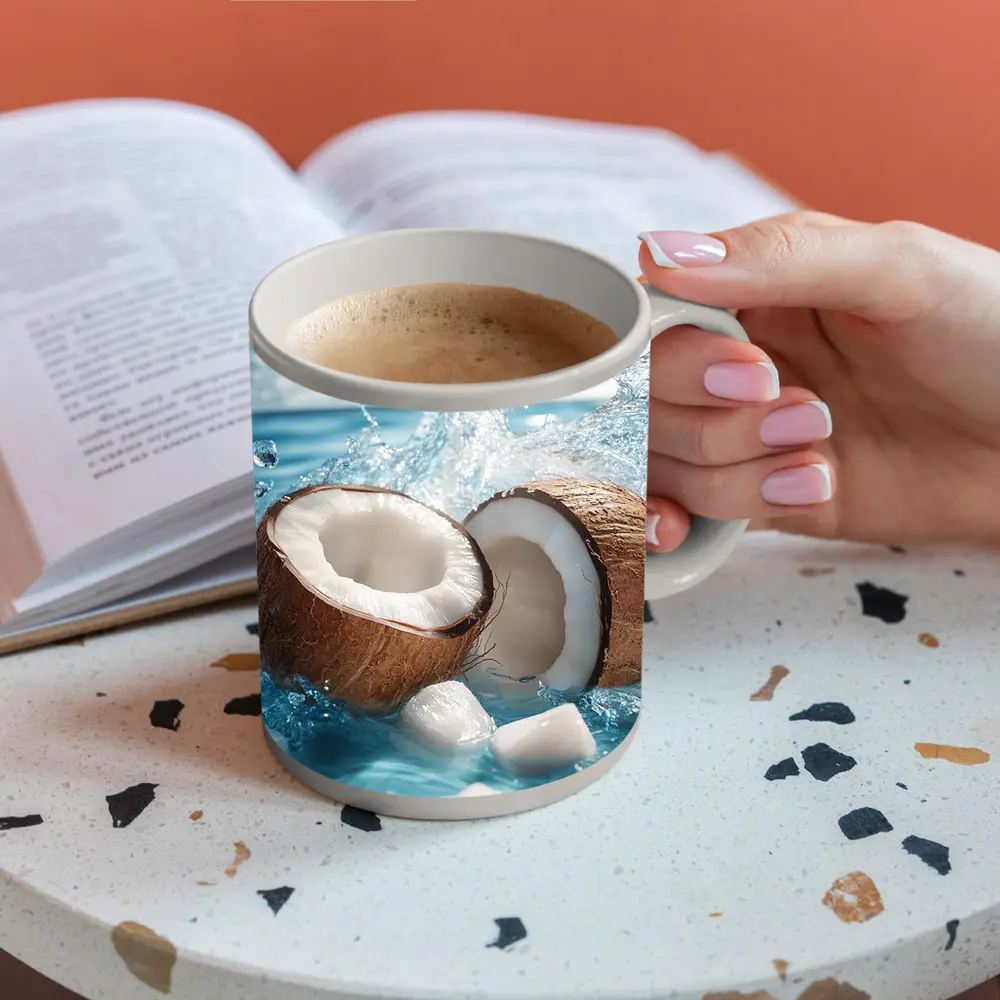 Fresh Coconut Halves Splashing Blue Water – Mugs