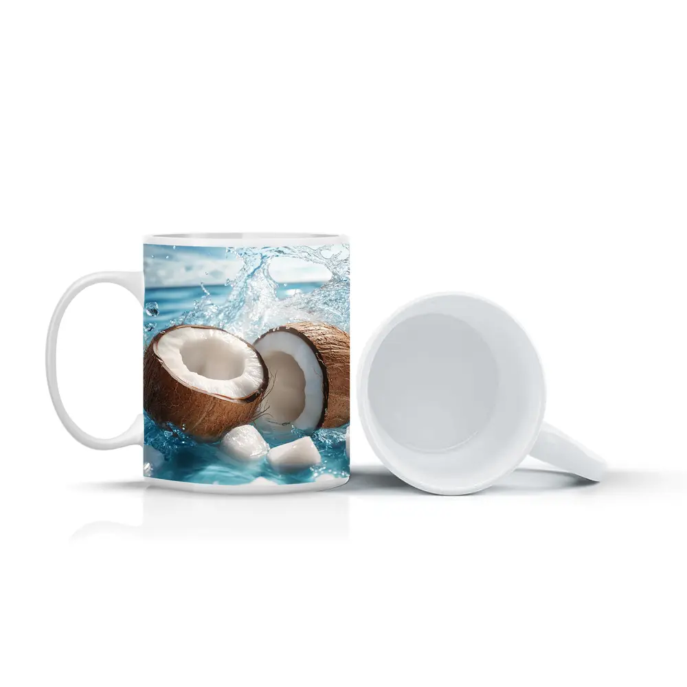 Fresh Coconut Halves Splashing Blue Water – Mugs