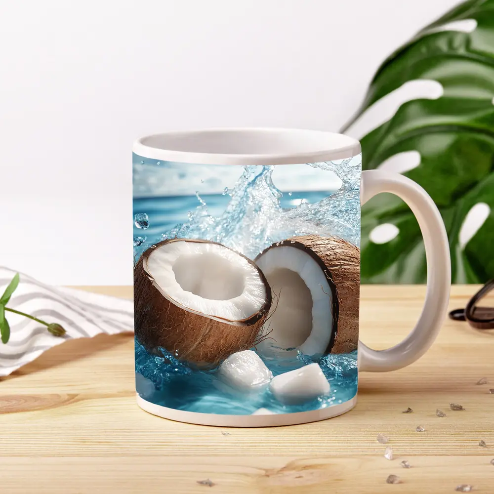 Fresh Coconut Halves Splashing Blue Water – Mugs