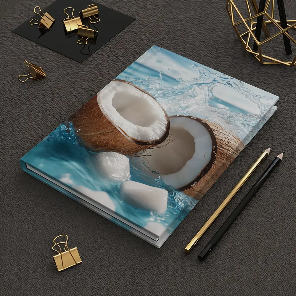 Fresh Coconut Halves Splashing Blue Water – Notebooks