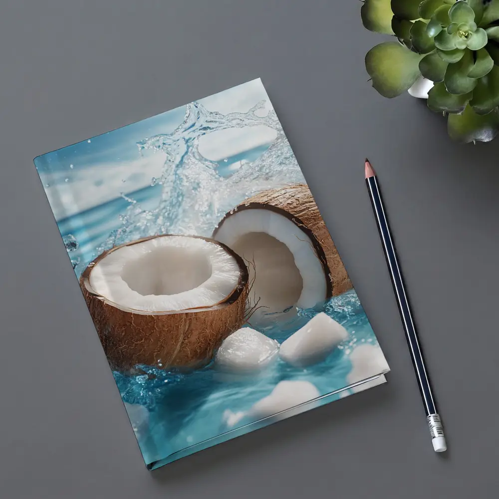 Fresh Coconut Halves Splashing Blue Water – Notebooks