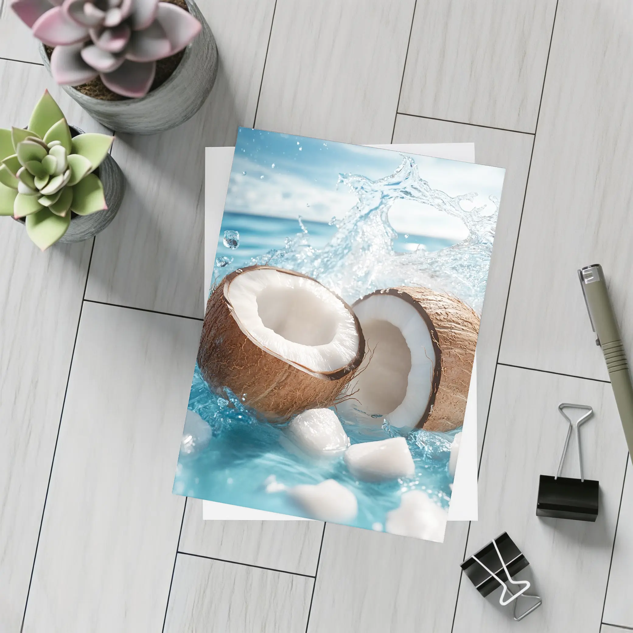 Fresh Coconut Halves Splashing Blue Water – Postcards