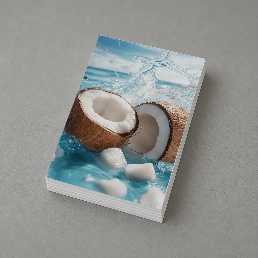 Fresh Coconut Halves Splashing Blue Water – Postcards