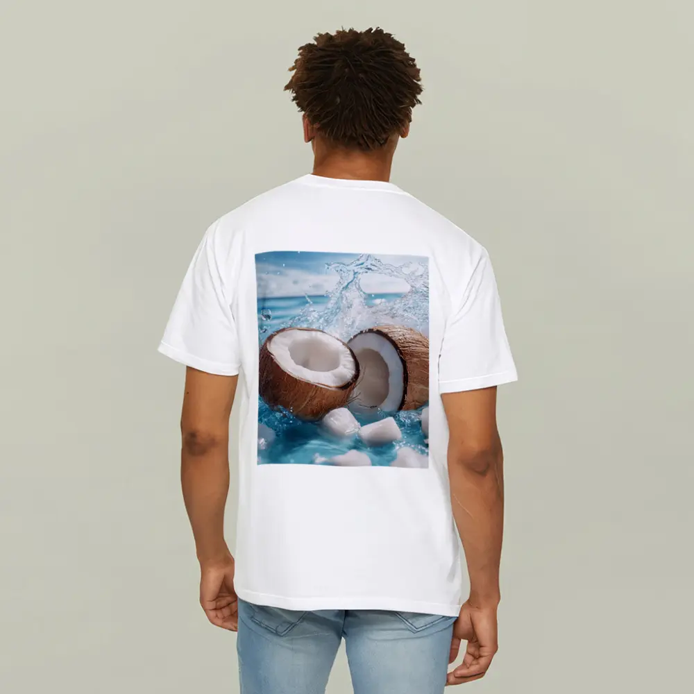 Fresh Coconut Halves Splashing Blue Water – T-Shirts