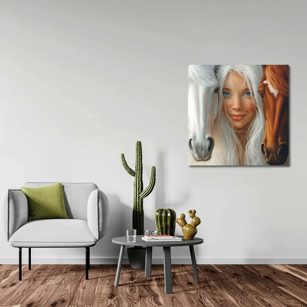 Blue Eyed Girl Between Two Horses – Wall Art