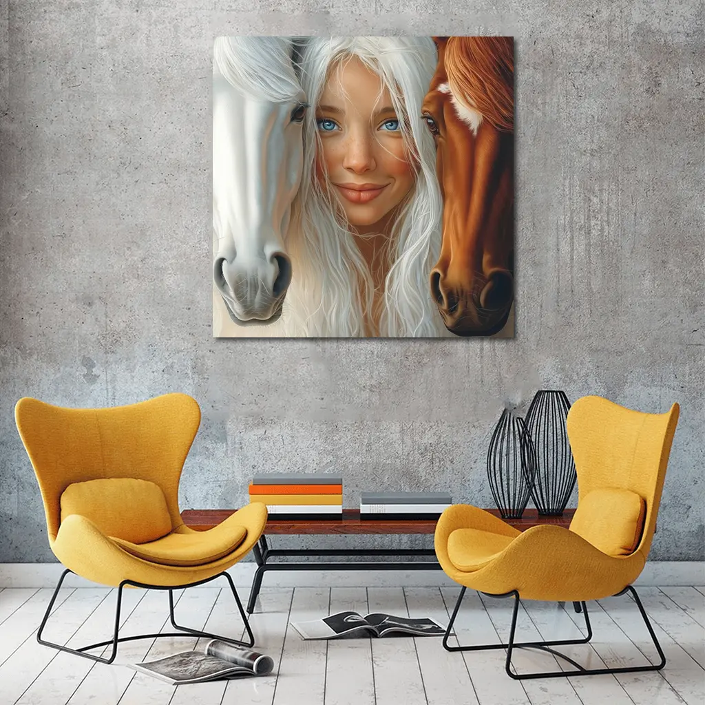 Blue Eyed Girl Between Two Horses – Wall Art