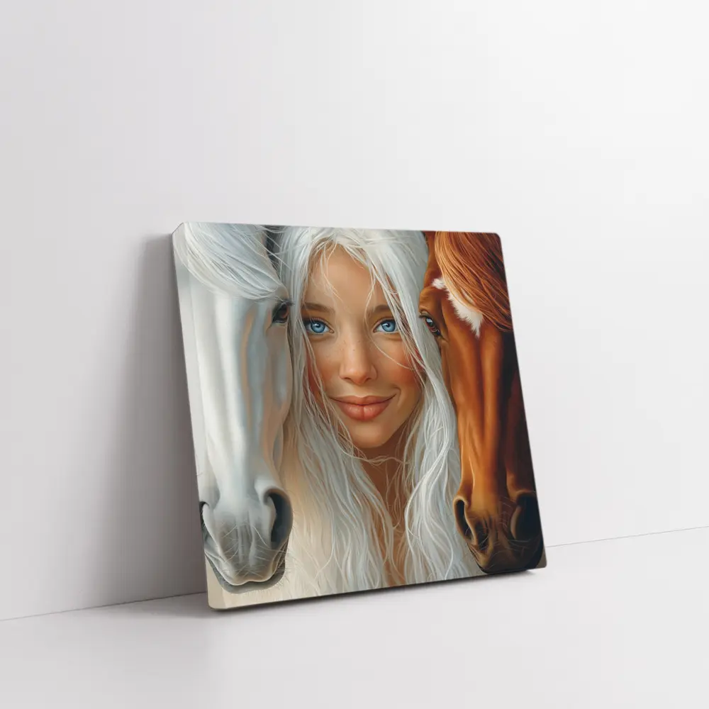 Blue Eyed Girl Between Two Horses – Wall Art