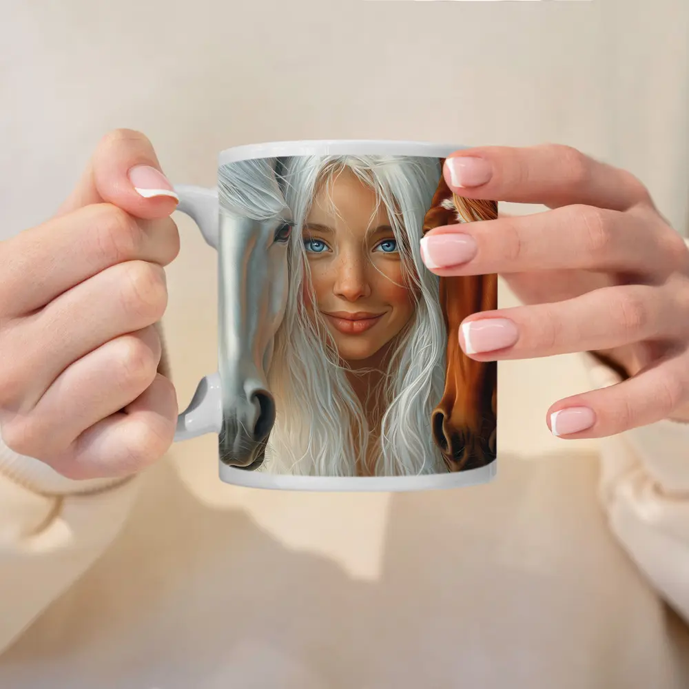 Blue Eyed Girl Between Two Horses – Mugs