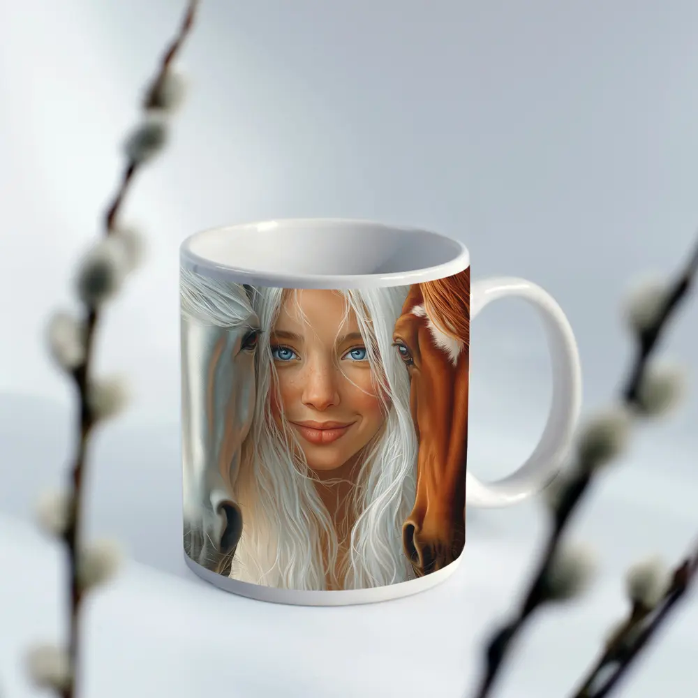 Blue Eyed Girl Between Two Horses – Mugs