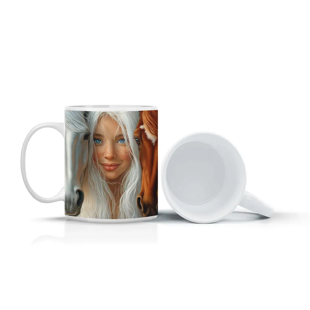 Blue Eyed Girl Between Two Horses – Mugs
