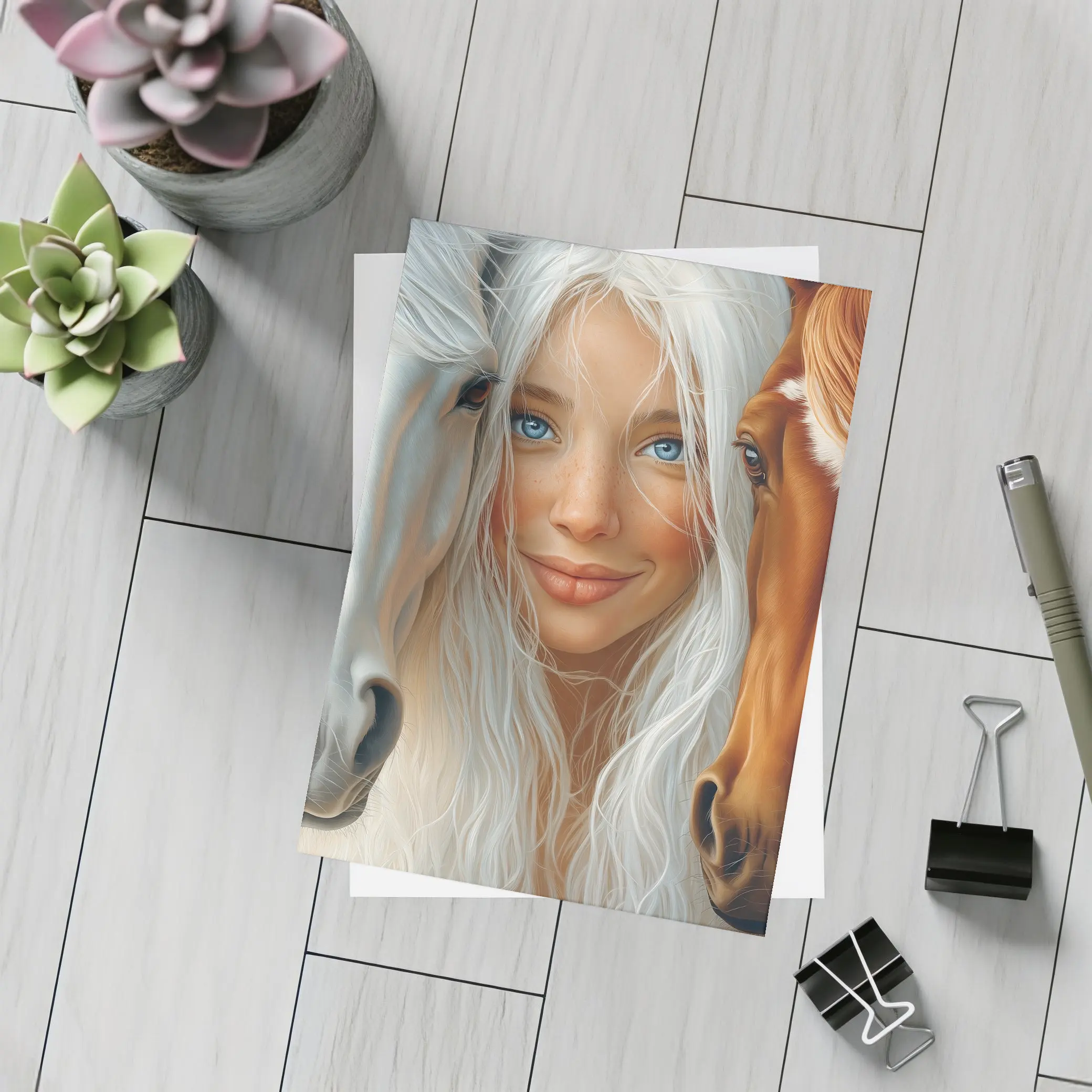 Blue Eyed Girl Between Two Horses – Postcards