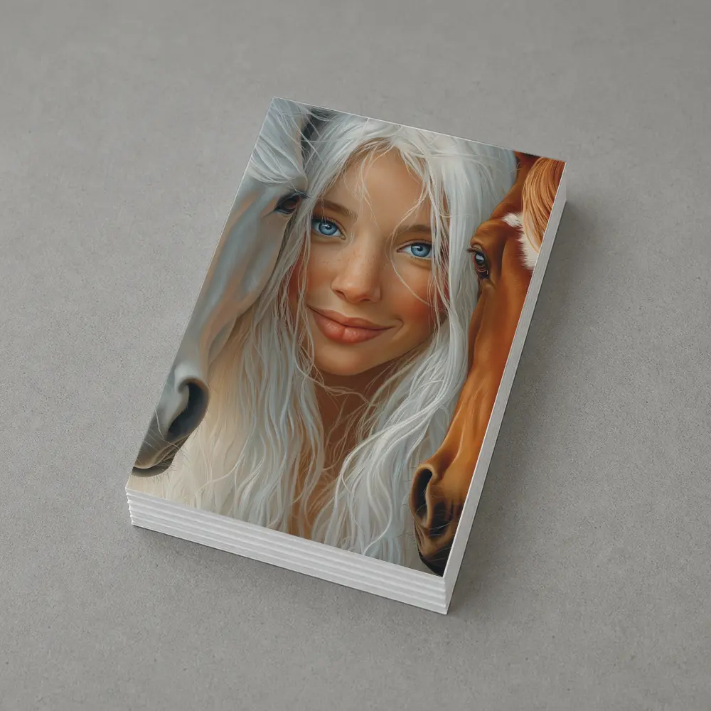 Blue Eyed Girl Between Two Horses – Postcards