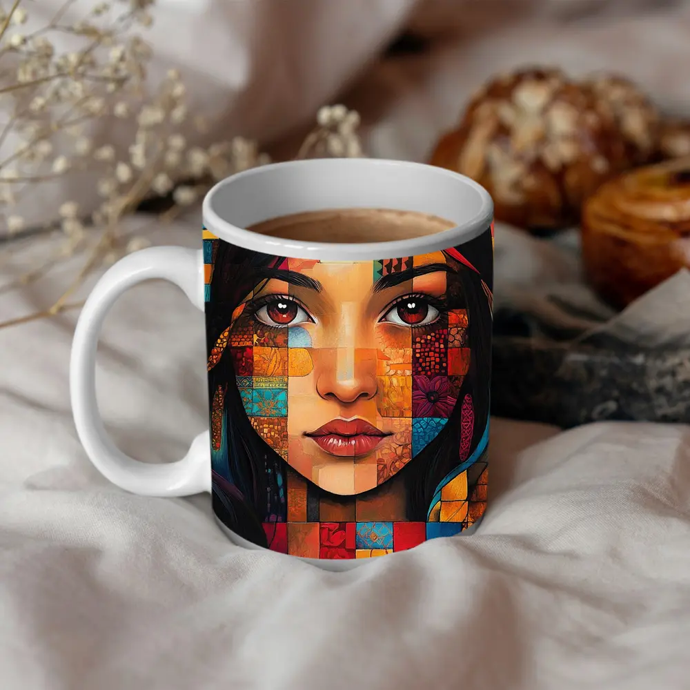 Mosaic Patchwork Portrait Woman Colorful Abstract – Mugs