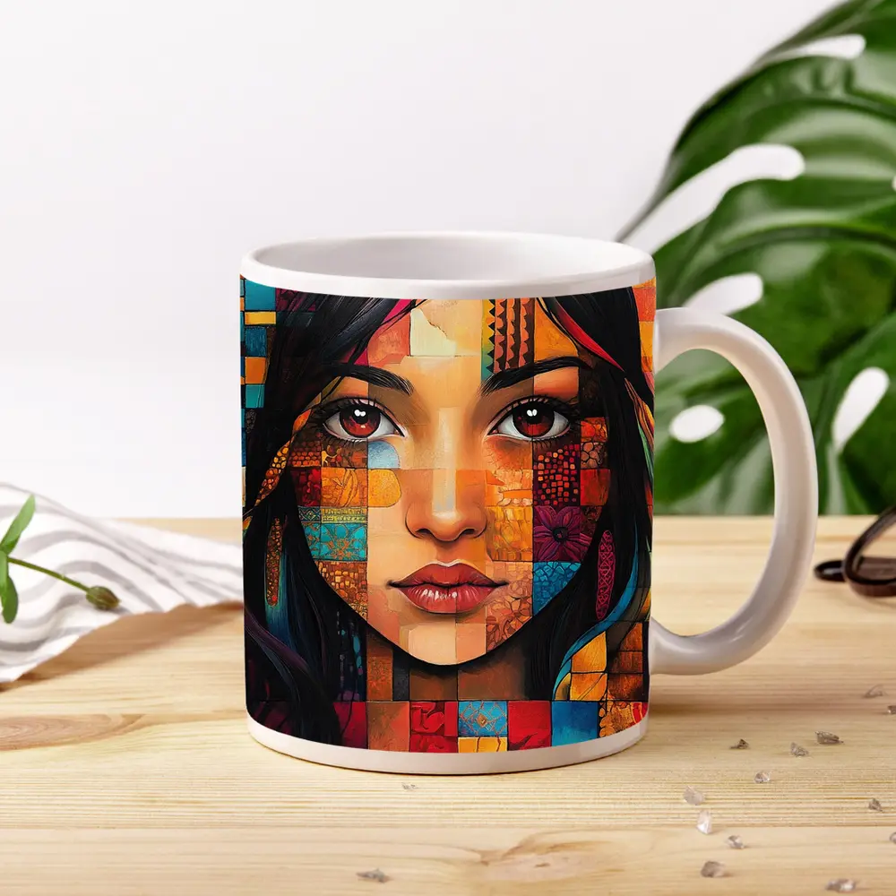 Mosaic Patchwork Portrait Woman Colorful Abstract – Mugs