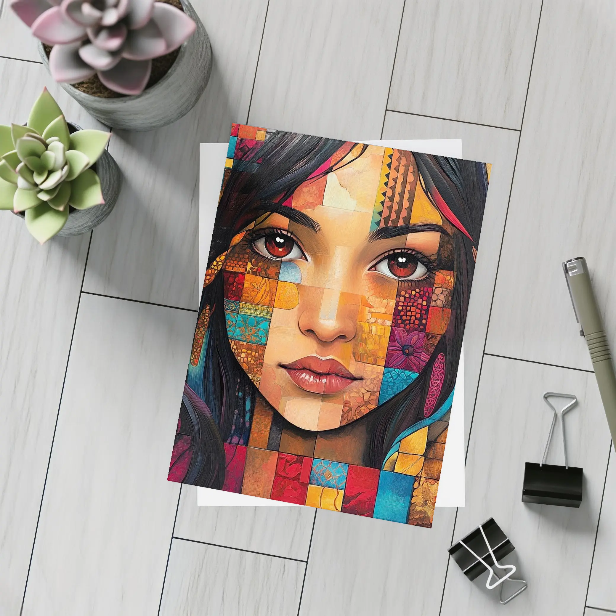 Mosaic Patchwork Portrait Woman Colorful Abstract – Postcards