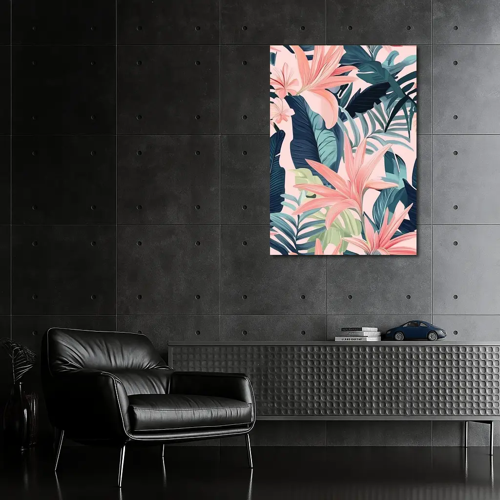 Pink Tropical Flowers and Dark Leaves – Wall Art