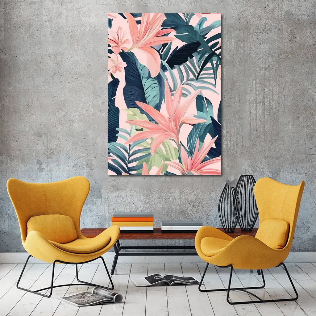 Pink Tropical Flowers and Dark Leaves – Wall Art