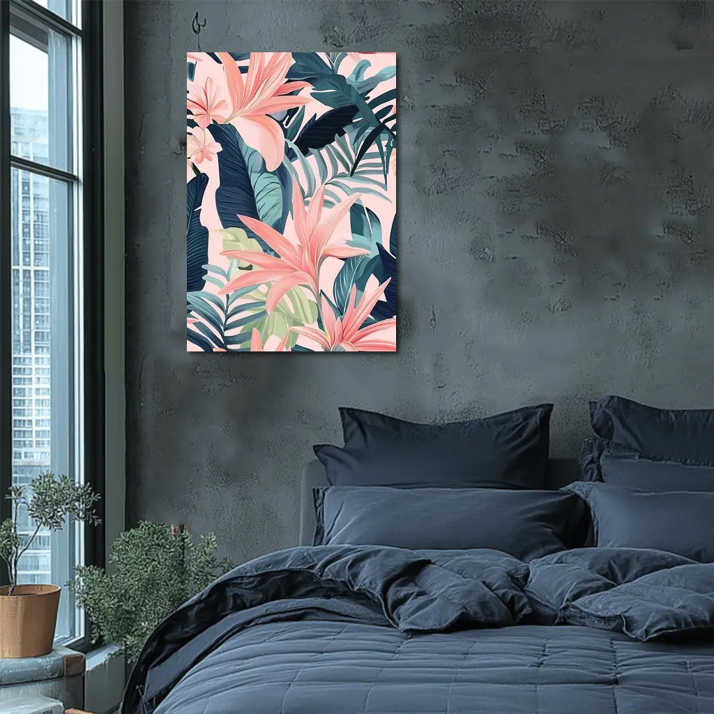 Pink Tropical Flowers and Dark Leaves – Wall Art