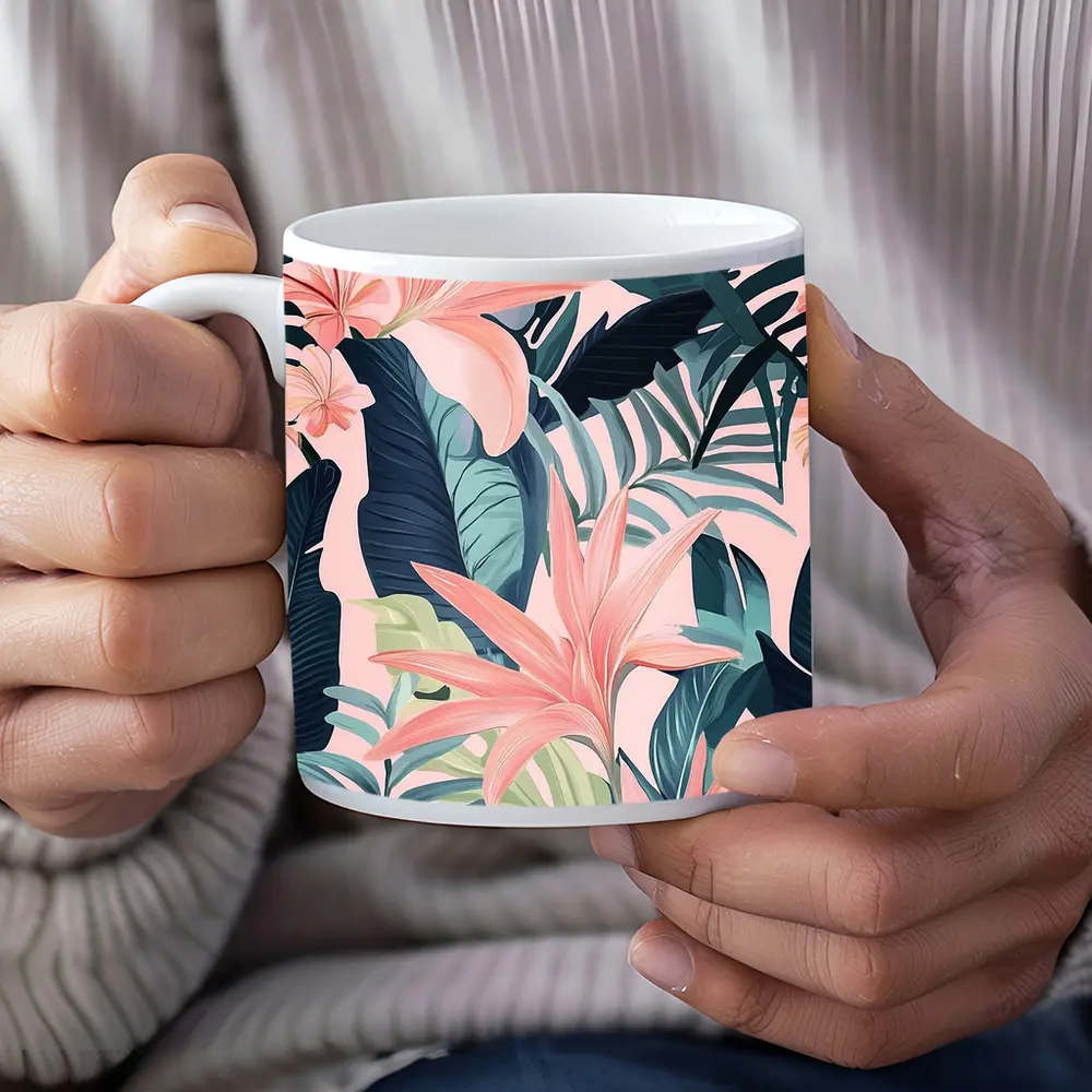 Pink Tropical Flowers and Dark Leaves – Mugs
