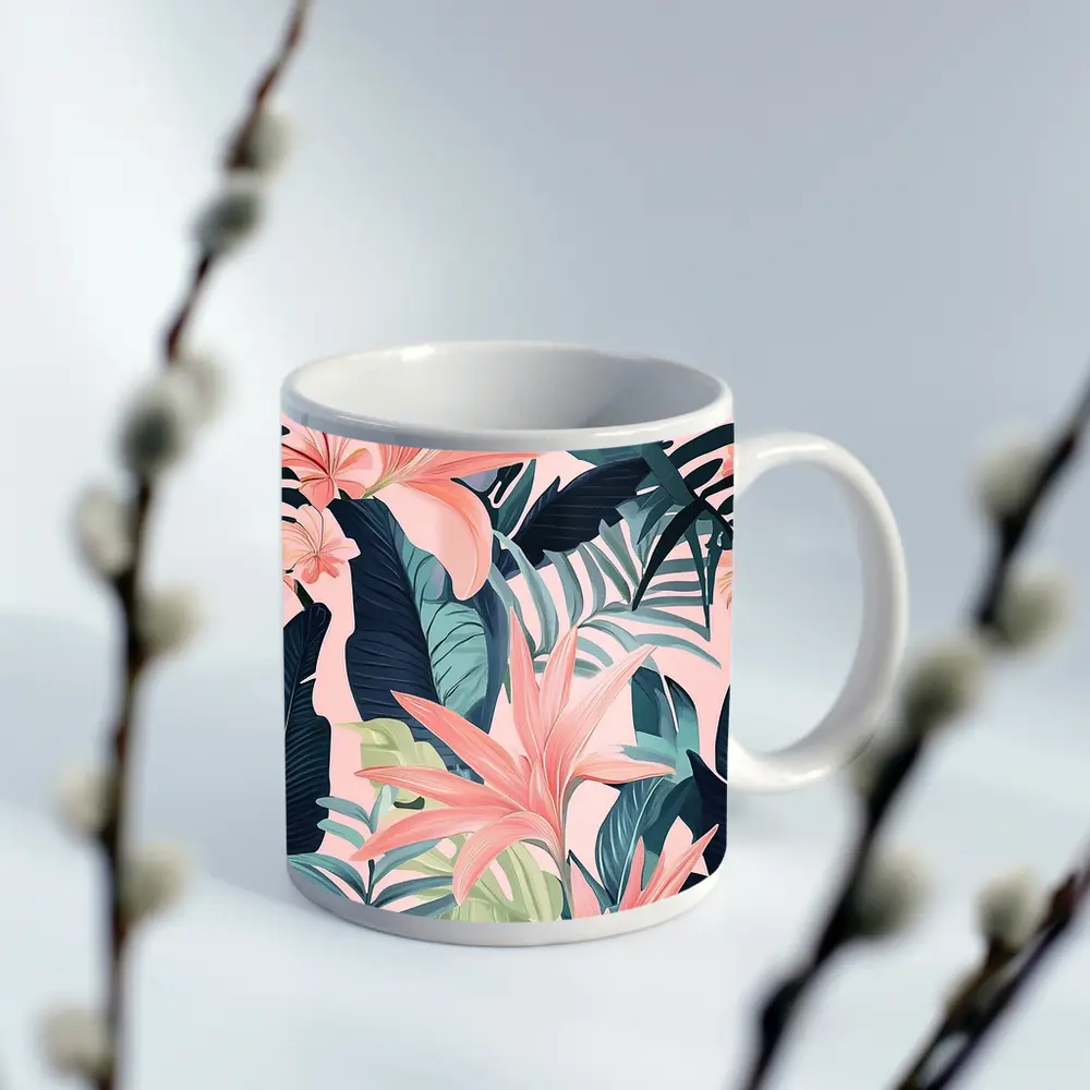 Pink Tropical Flowers and Dark Leaves – Mugs