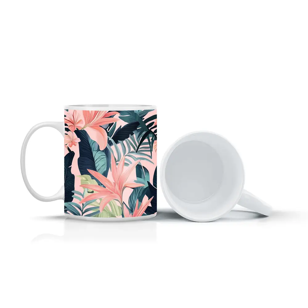 Pink Tropical Flowers and Dark Leaves – Mugs