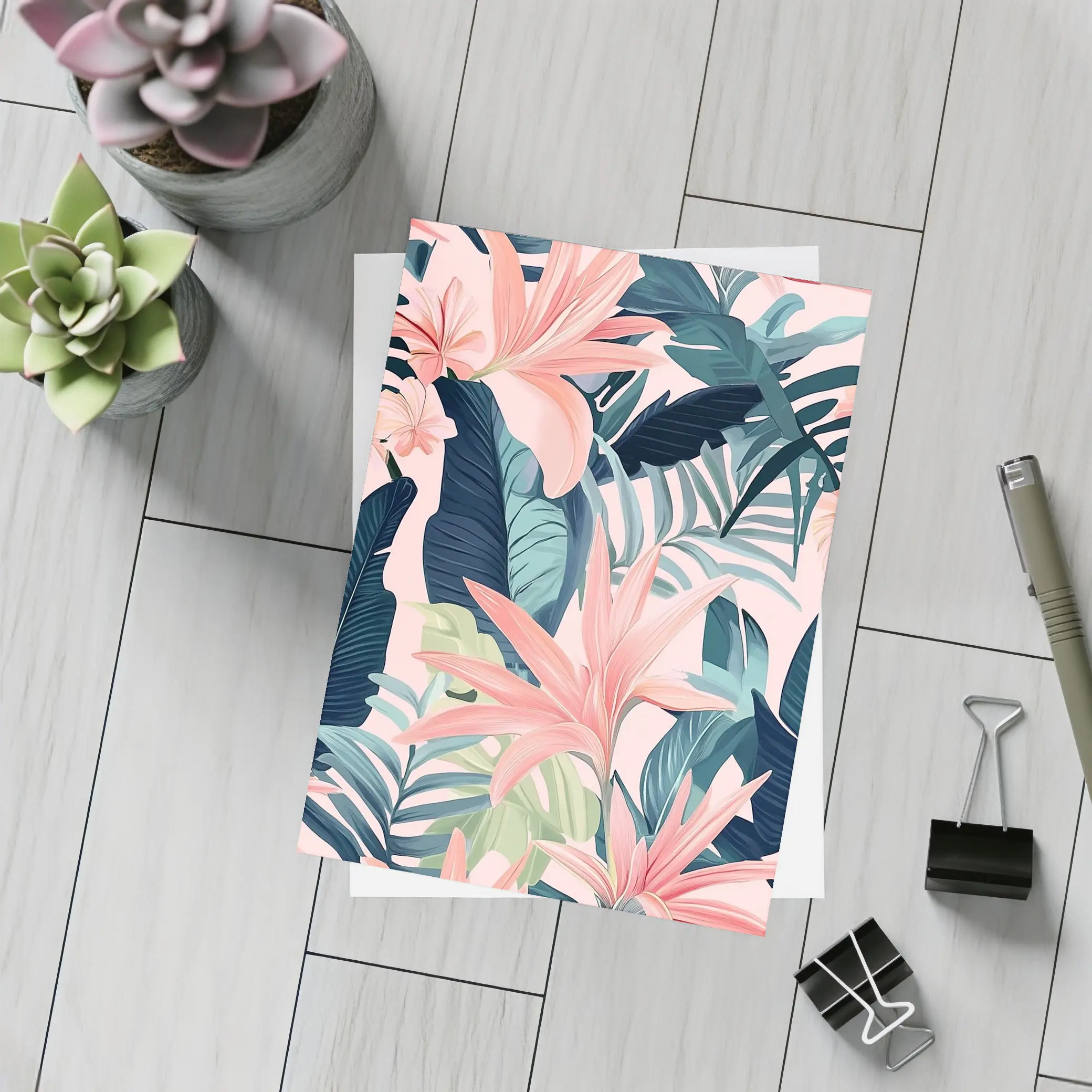 Pink Tropical Flowers and Dark Leaves – Postcards