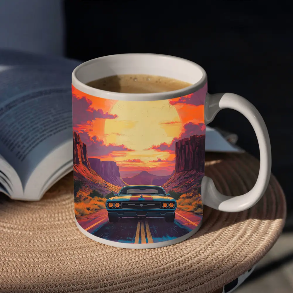 Dodge Challenger Desert Canyon Sunset Art – Mugs