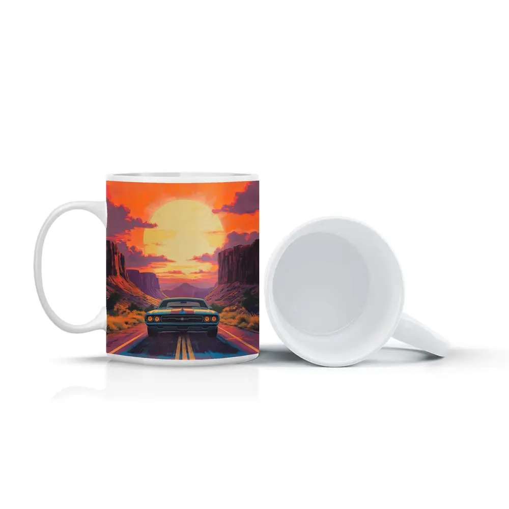Dodge Challenger Desert Canyon Sunset Art – Mugs